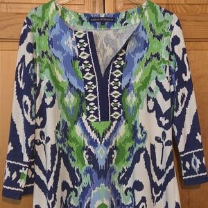 Barbara Erikson Dress Womens Large Blue Ikat Neck 3/4 Sleeve Resort